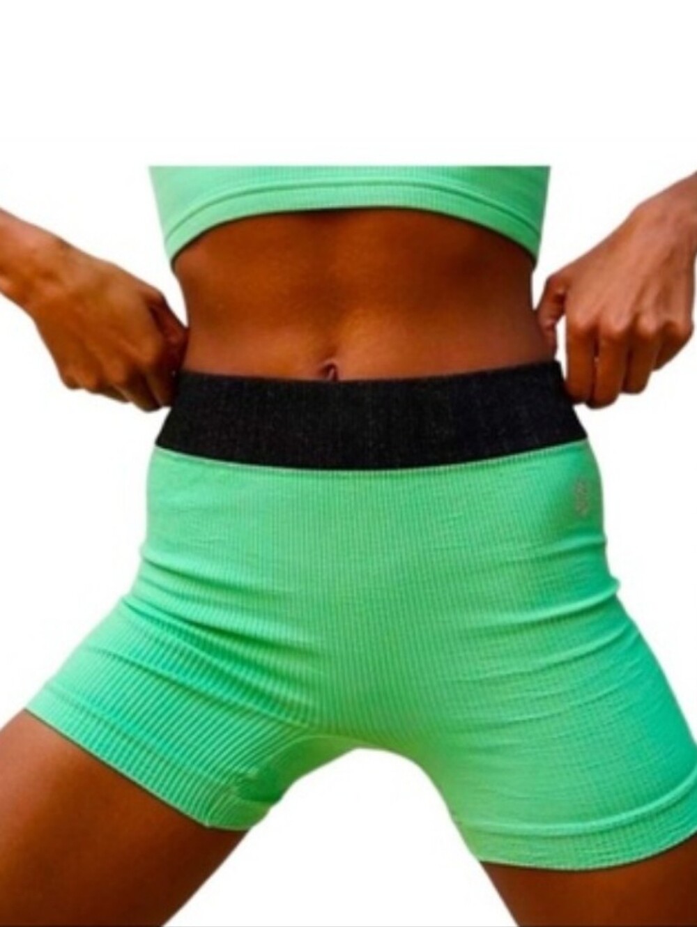 Free People Ribbed High-Waist Bike Shorts in Mint Green with Black Waistband